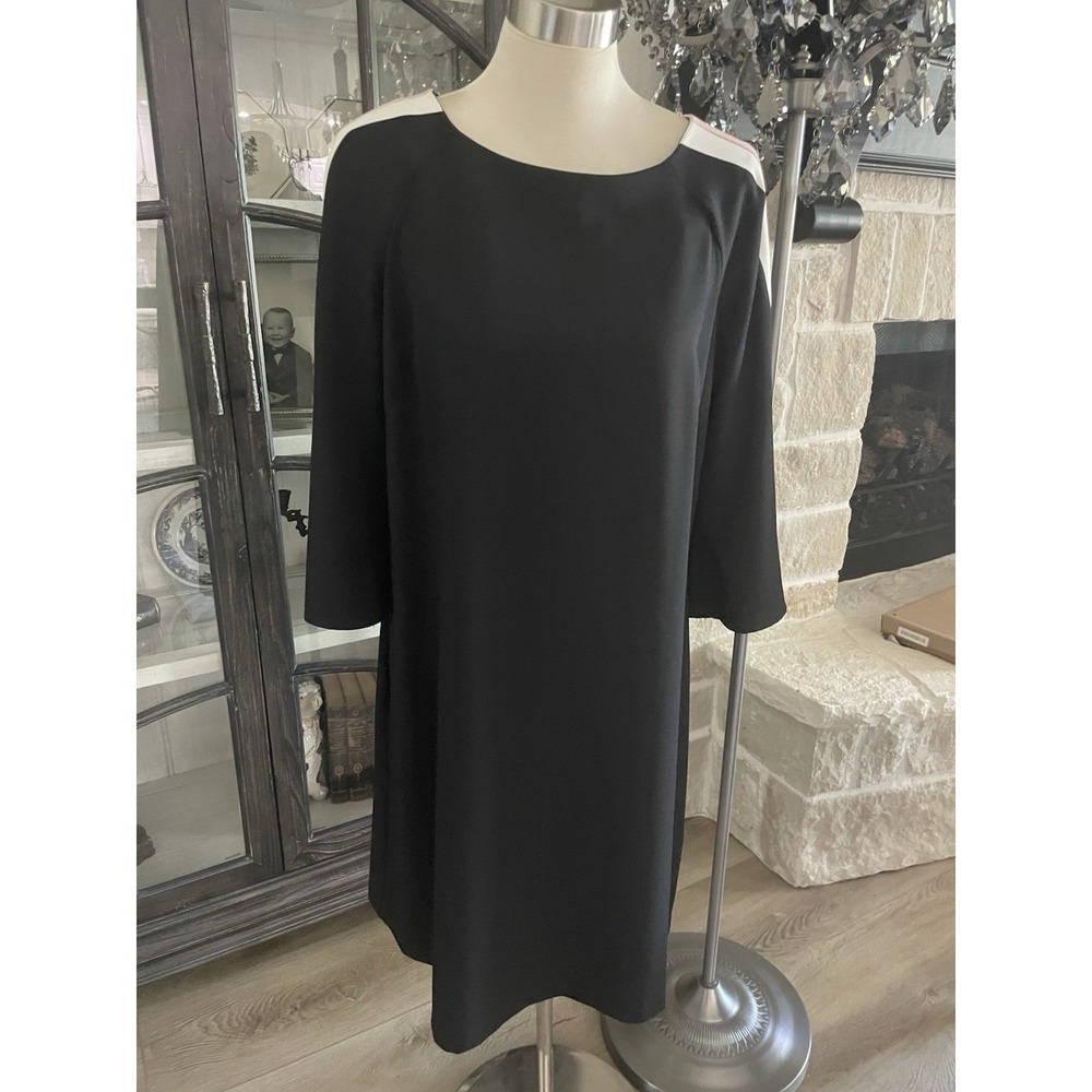 Gabby Skye Classic Black Dress Pink White Flare‎ 3/4 Sleeves Zip Back Sz 16